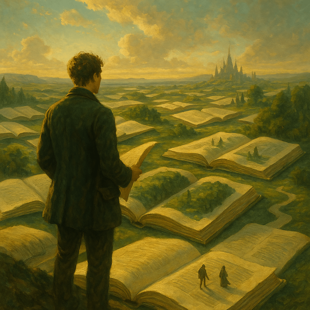 A writer stands at the edge of a surreal landscape made of open books, with a distant castle on the horizon.