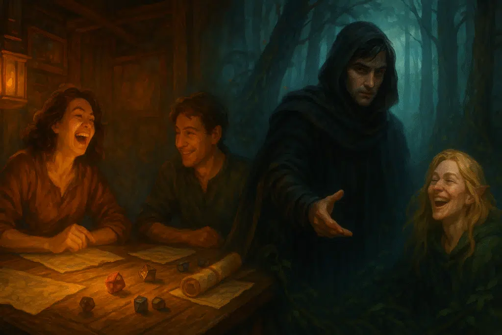 A blended scene of two roleplayers at a game table and their fantasy counterparts in a magical forest — one cloaked figure extends a hand while another elf-like character laughs freely.