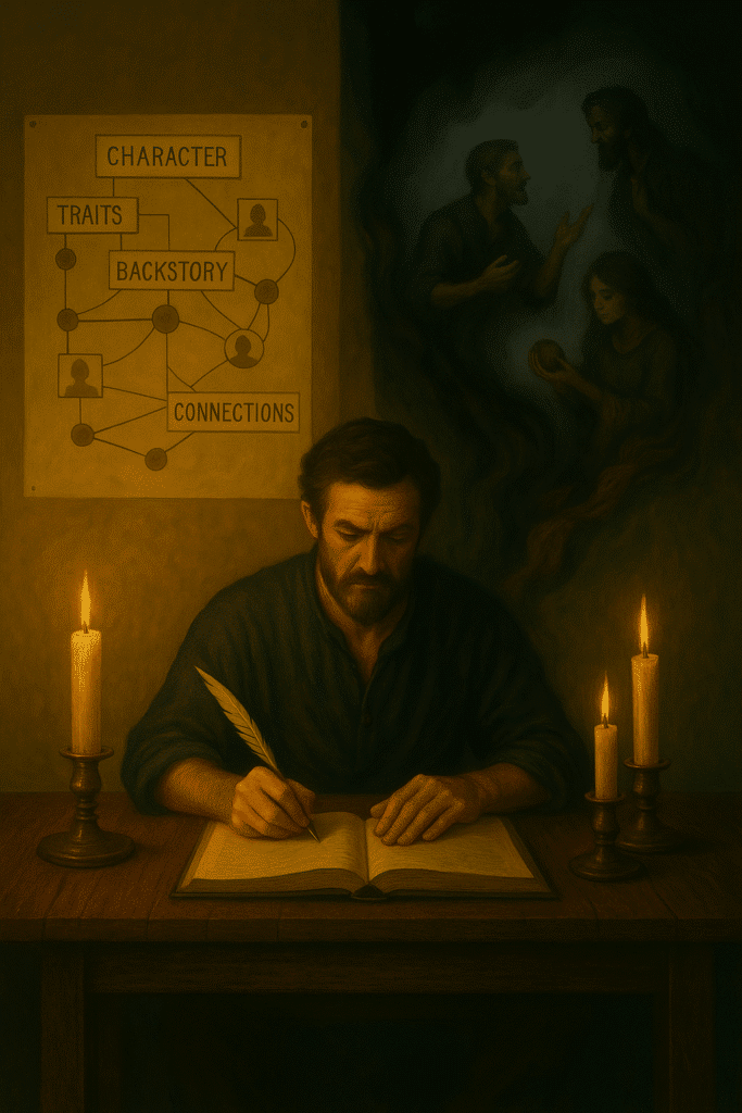 A writer sits at a narrow wooden table between two candles, crafting a character profile as ghostly figures rise from the shadows beside him.
