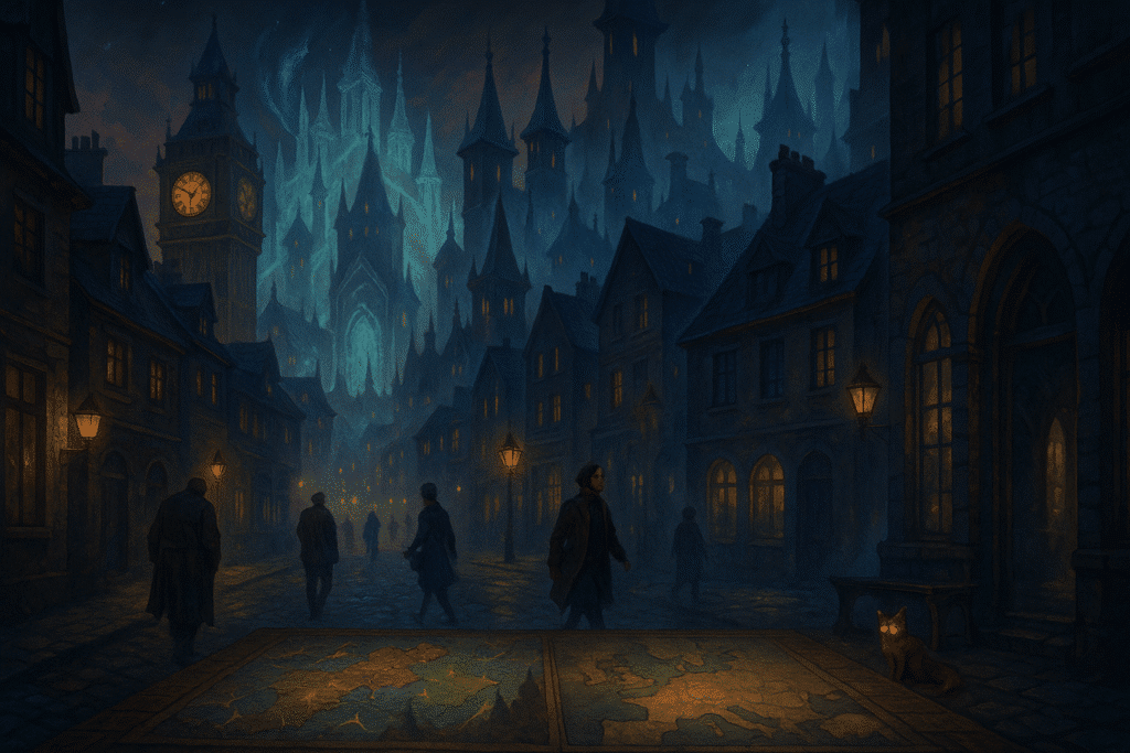 A dusk-lit city street where reality and magic blur—a glowing clock tower morphs into a magical citadel, and shadowy figures pass by unaware of the overlapping realms. A fox with glowing eyes sits quietly beneath a bench.