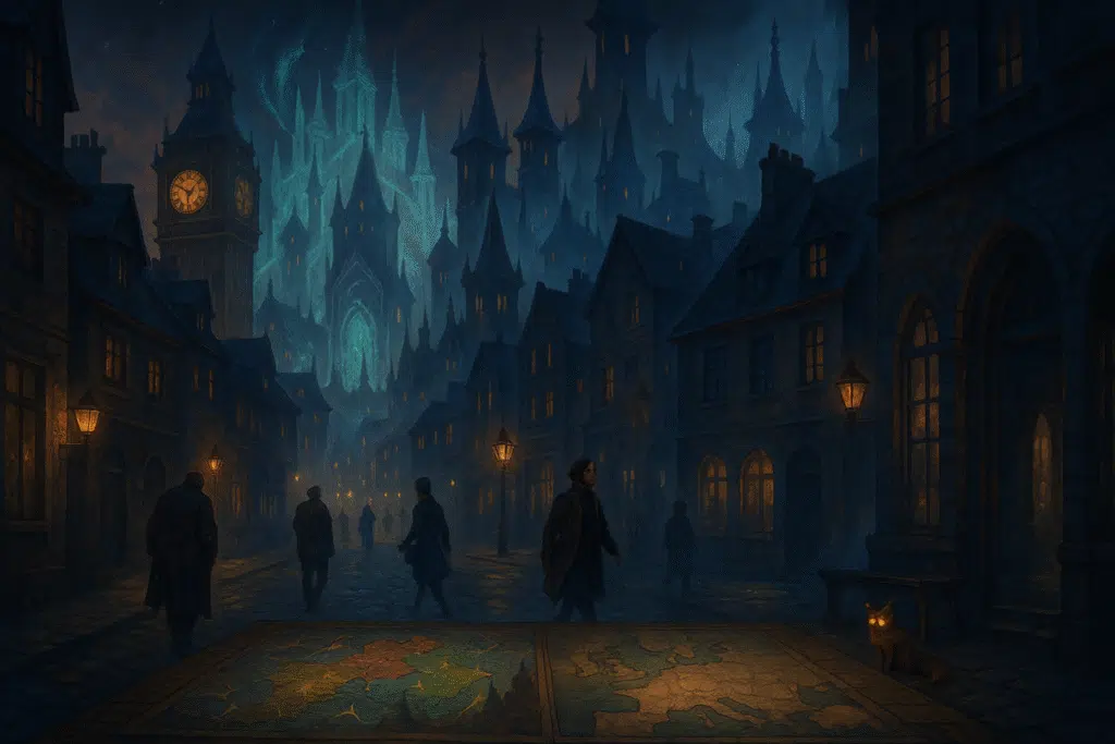 A dusk-lit city street where reality and magic blur—a glowing clock tower morphs into a magical citadel, and shadowy figures pass by unaware of the overlapping realms. A fox with glowing eyes sits quietly beneath a bench.