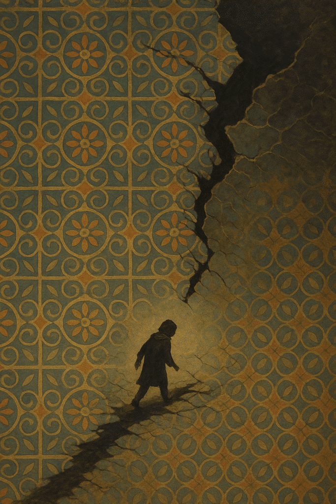 A small hooded figure walks into a jagged crack disrupting an ornate geometric pattern of teal and gold, symbolizing narrative rhythm breaking.
