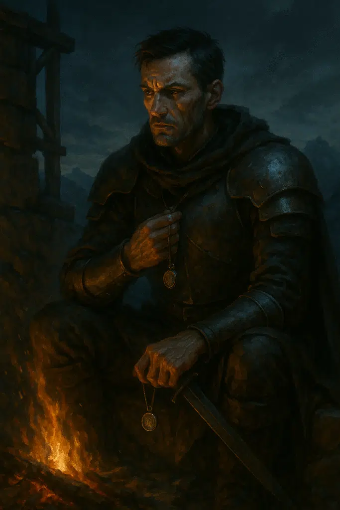 A brooding, armored warrior kneels by a fire at night, holding a pendant and short blade, with dark mountains behind him.