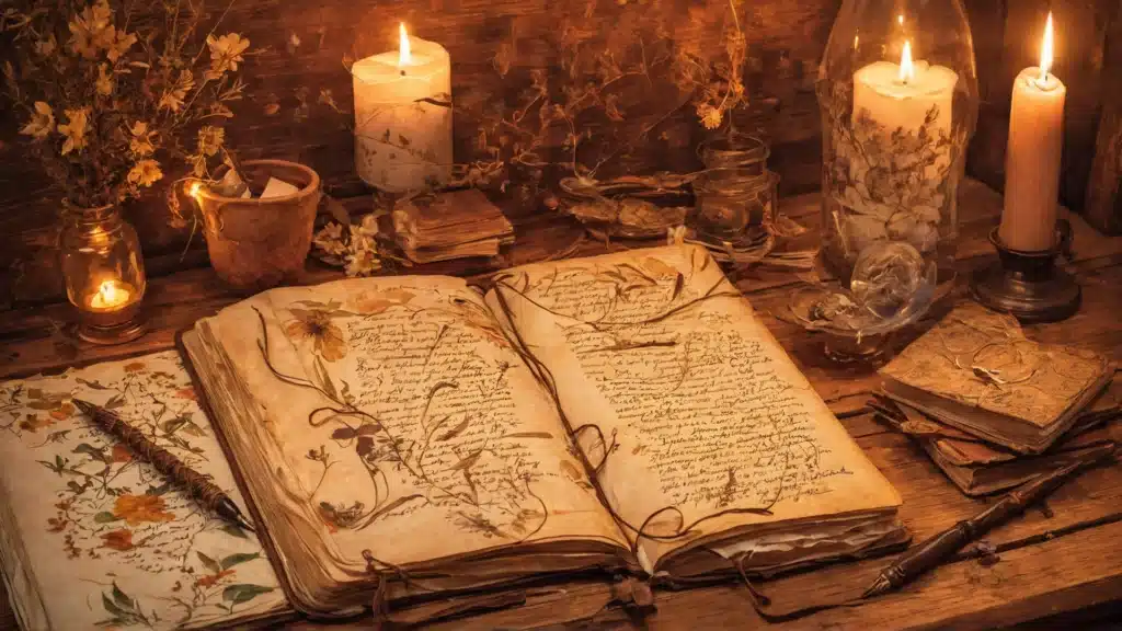 Open journal with dried flowers and candles on a rustic desk