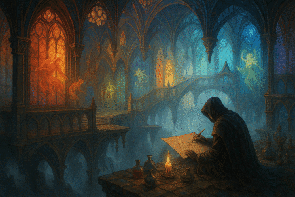 A hooded figure sketches by candlelight inside a vast, floating cathedral filled with glowing stained glass and ghostly emotional forms.