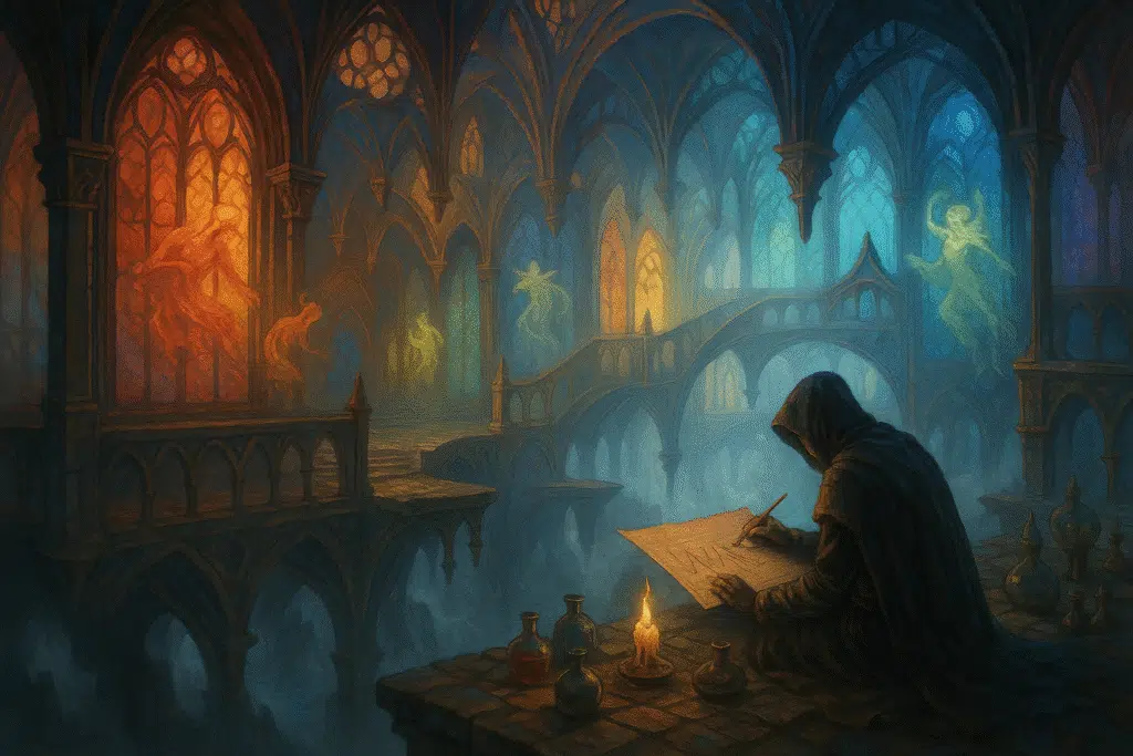 A hooded figure sketches by candlelight inside a vast, floating cathedral filled with glowing stained glass and ghostly emotional forms.
