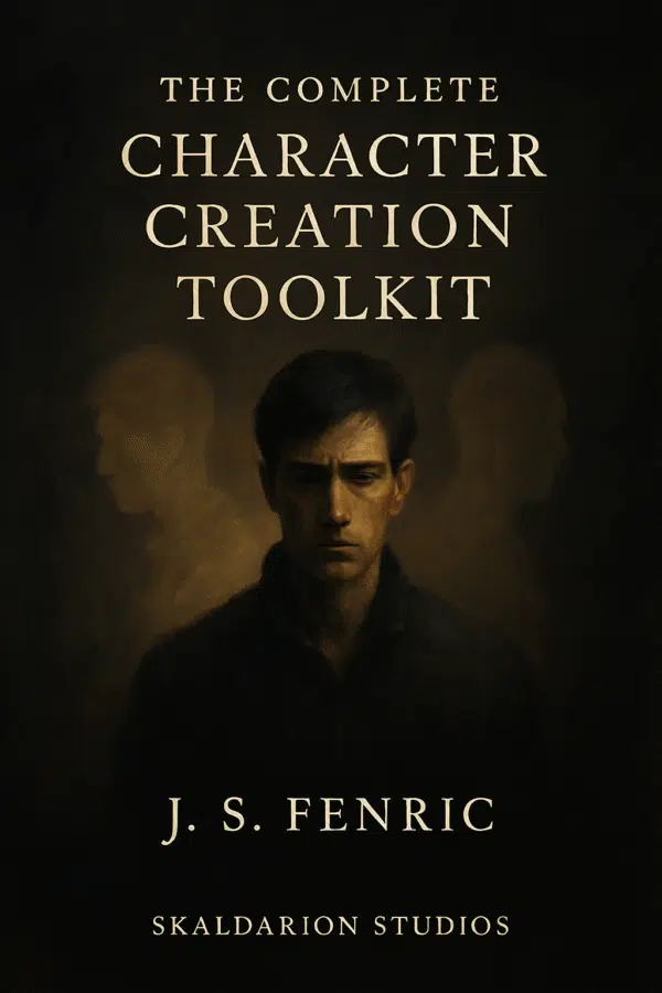 Cover of “The Complete Character Creation Toolkit” by J. S. Fenric, published by Skaldarion Studios. A solemn figure stands between two ghosted silhouettes, evoking psychological depth and internal conflict.