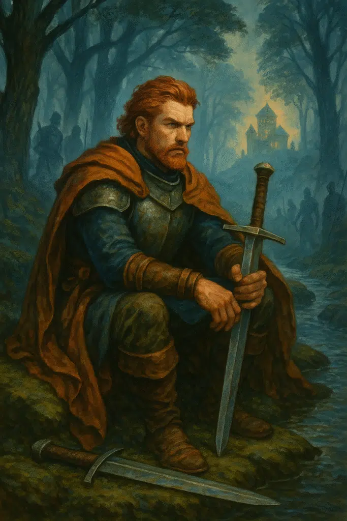 A red-haired man in armor and a cloak sits with a sword across his lap, gazing toward a glowing castle in a misty forest.