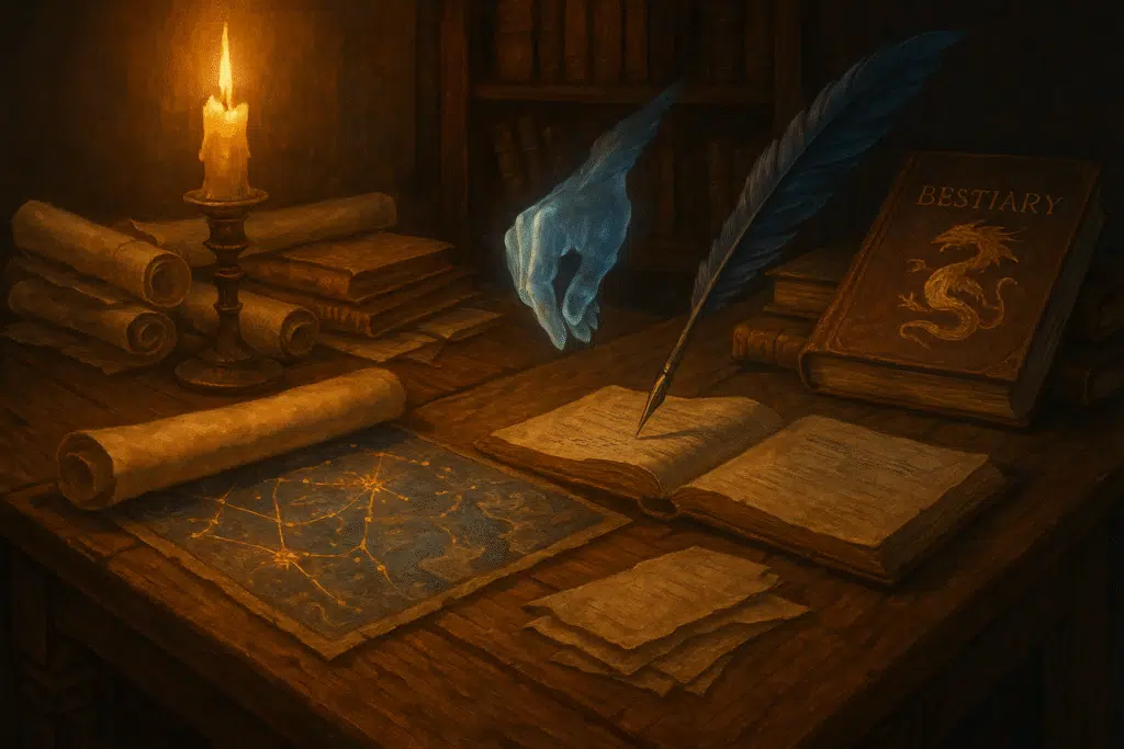 A candlelit wooden desk covered in scrolls, a glowing constellation map, and an ancient bestiary. A ghostly hand hovers in midair, holding a quill that writes on an open parchment beneath the warm flicker of candlelight.