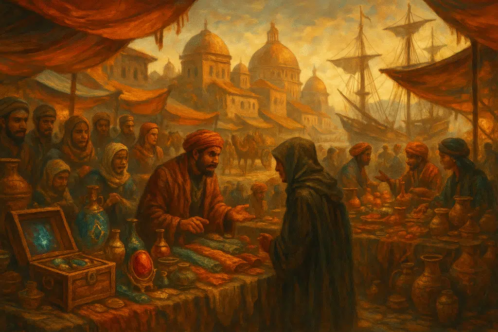 A bustling fantasy marketplace where merchants of different backgrounds trade rare goods under red canopies, with ships docked behind and caravans arriving from desert roads.