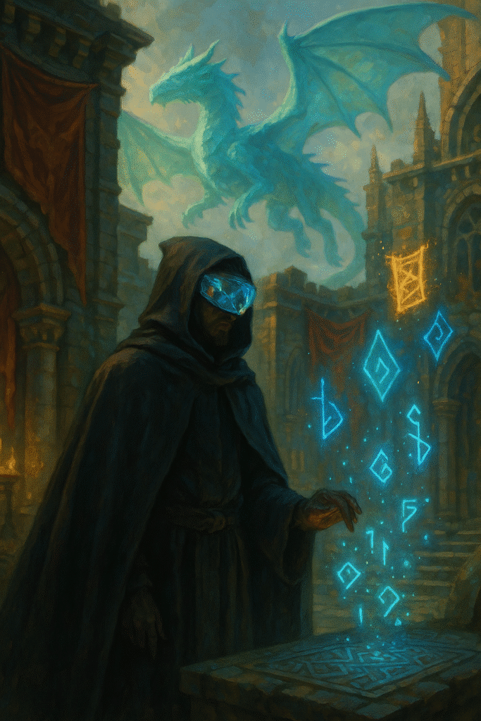 A cloaked traveller with a glowing crystal visor gestures toward floating runes, while a translucent dragon soars behind them in an ancient courtyard.