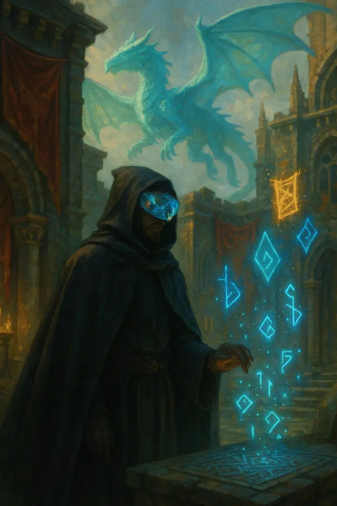 A cloaked traveller with a glowing crystal visor gestures toward floating runes, while a translucent dragon soars behind them in an ancient courtyard.
