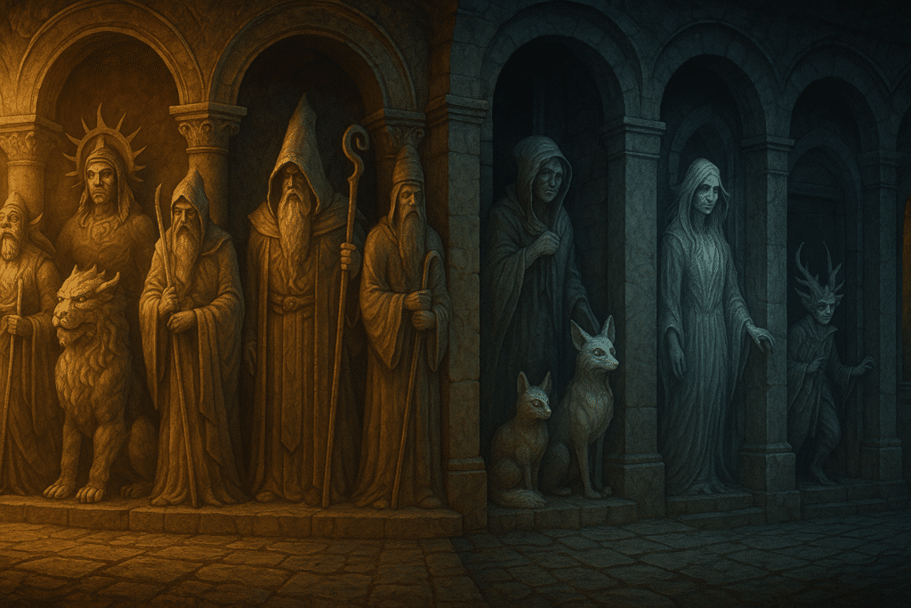 A line of stone statues set in arched niches, transitioning from fantastical deities, mages, and beasts bathed in golden light on the left to folklore figures like kitsune, Baba Yaga, and a horned fae spirit under moonlight on the right.