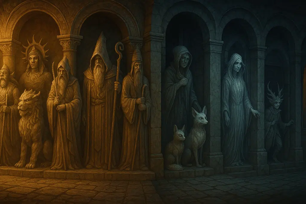 A line of stone statues set in arched niches, transitioning from fantastical deities, mages, and beasts bathed in golden light on the left to folklore figures like kitsune, Baba Yaga, and a horned fae spirit under moonlight on the right.