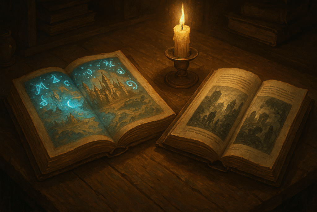 Two ancient books lie open on a wooden desk—one glowing with blue arcane runes and maps of a fantastical realm, the other showing black-and-white drawings of modern cities with creeping ivy and ghostly figures—lit by the warm glow of a single candle.