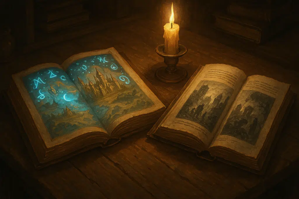 Two ancient books lie open on a wooden desk—one glowing with blue arcane runes and maps of a fantastical realm, the other showing black-and-white drawings of modern cities with creeping ivy and ghostly figures—lit by the warm glow of a single candle.