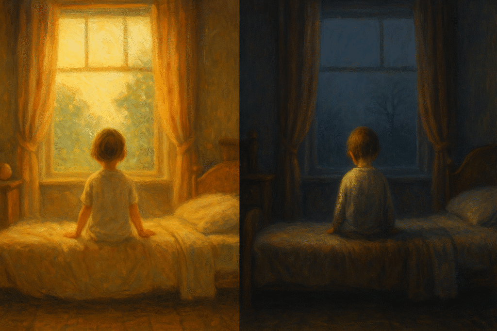 Diptych showing a child sitting on a bed: one panel bathed in warm morning light, the other in cold twilight, highlighting emotional contrast