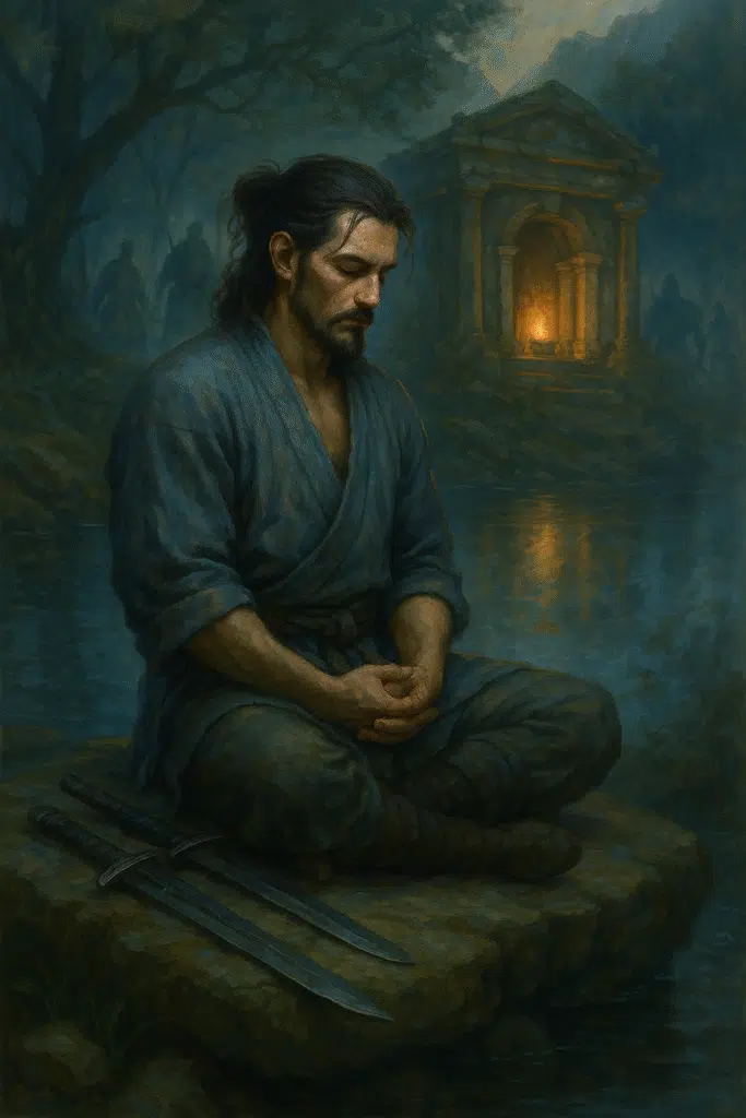 A dark-haired man in simple robes meditates on a mossy stone by a river, with twin swords beside him and an ancient temple glowing in the mist behind.