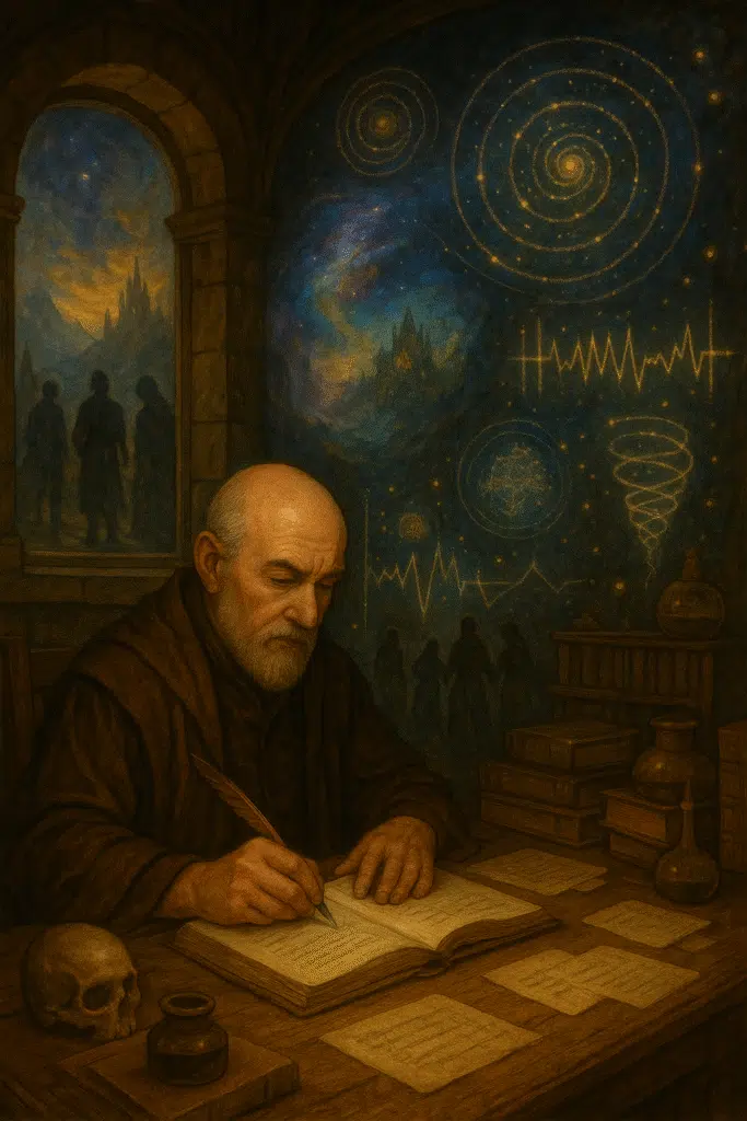 An elderly alchemist writes in a book while constellations, thought patterns, and silhouettes swirl outside his observatory under a starry sky.