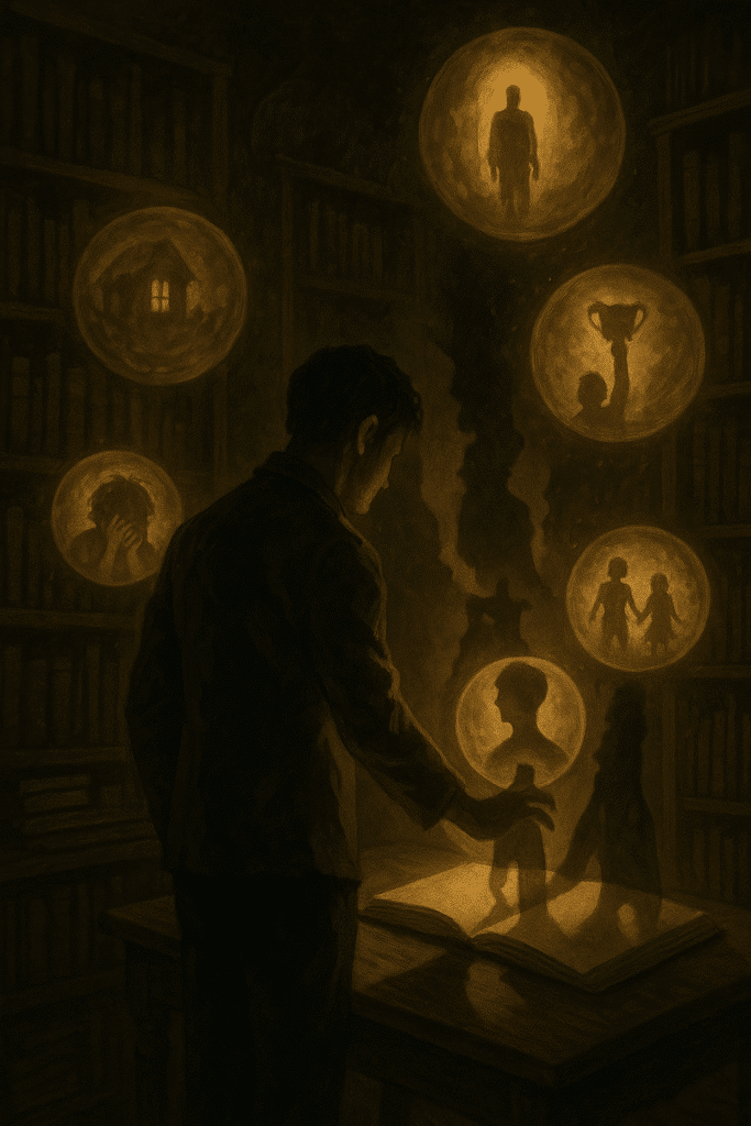 A man in a dim library reaches toward glowing orbs that depict memories, with his shadow stretching toward an open book.