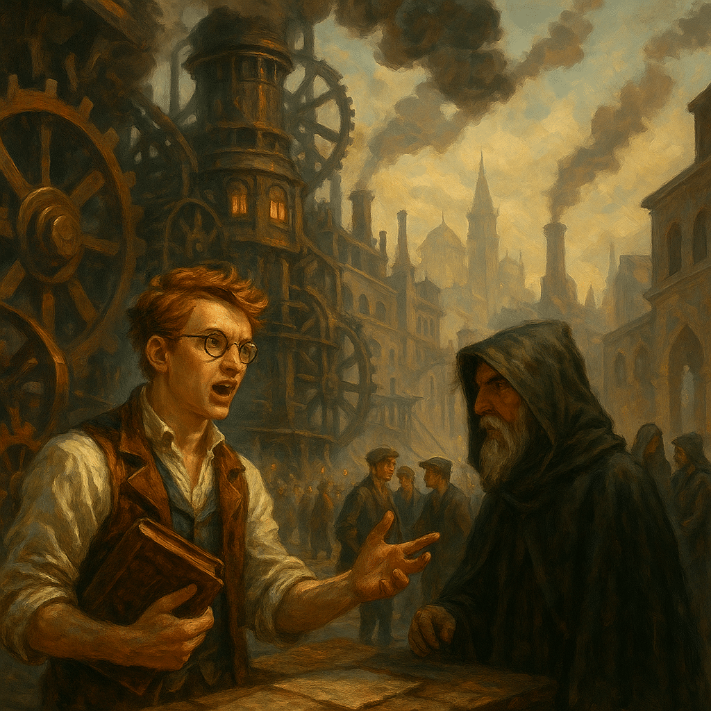 A steampunk city street where a passionate young engineer debates with a cloaked elder, surrounded by smoke-belching machines and towering industrial buildings glowing in golden evening light.