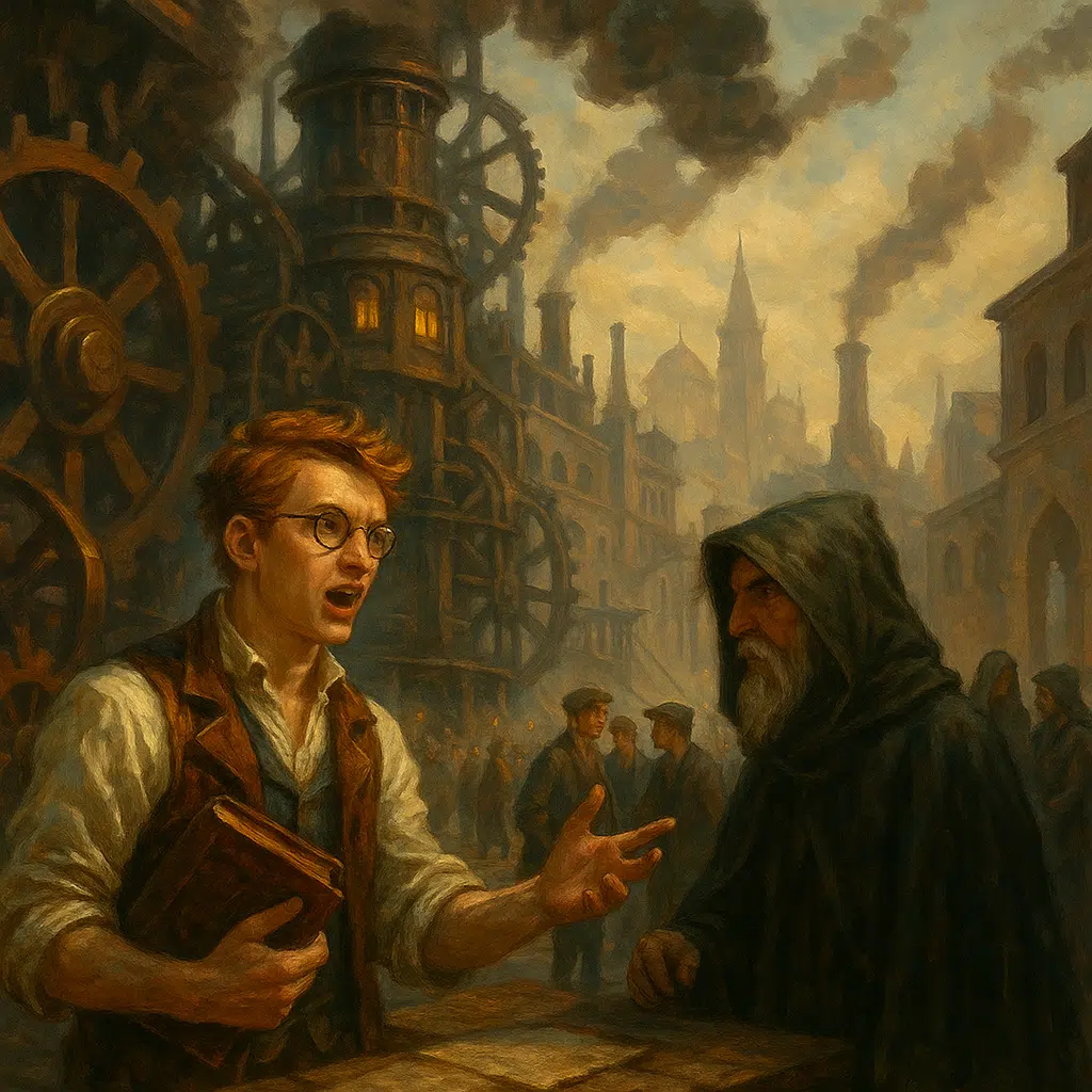 A steampunk city street where a passionate young engineer debates with a cloaked elder, surrounded by smoke-belching machines and towering industrial buildings glowing in golden evening light.
