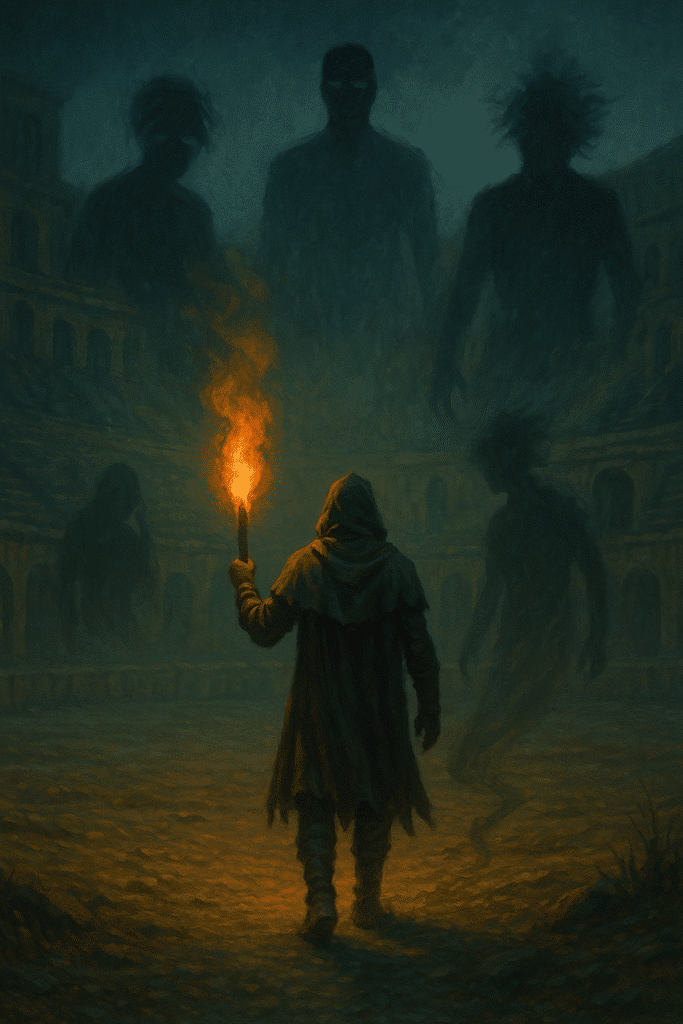 A cloaked figure holds a torch while facing enormous shadowy entities looming over him in a ruined coliseum.