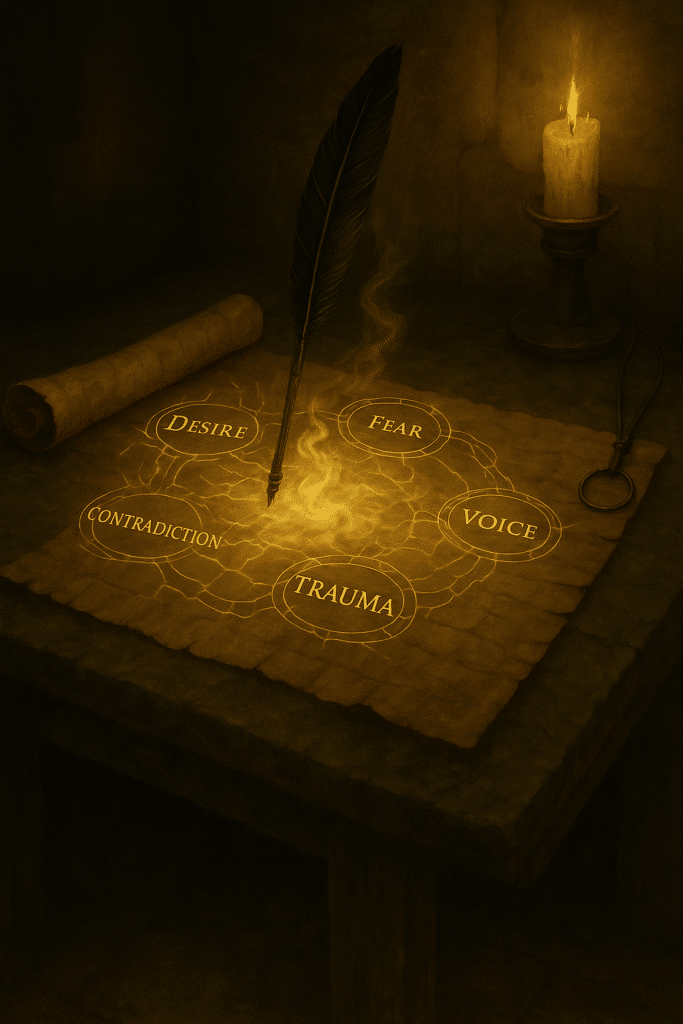 An enchanted scroll glows with interconnected nodes labelled Desire, Fear, Voice, Trauma, and Contradiction as a quill floats above it.