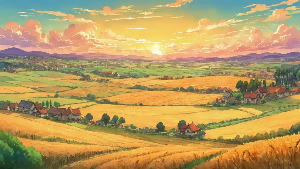 Golden fields and farmland at sunset
