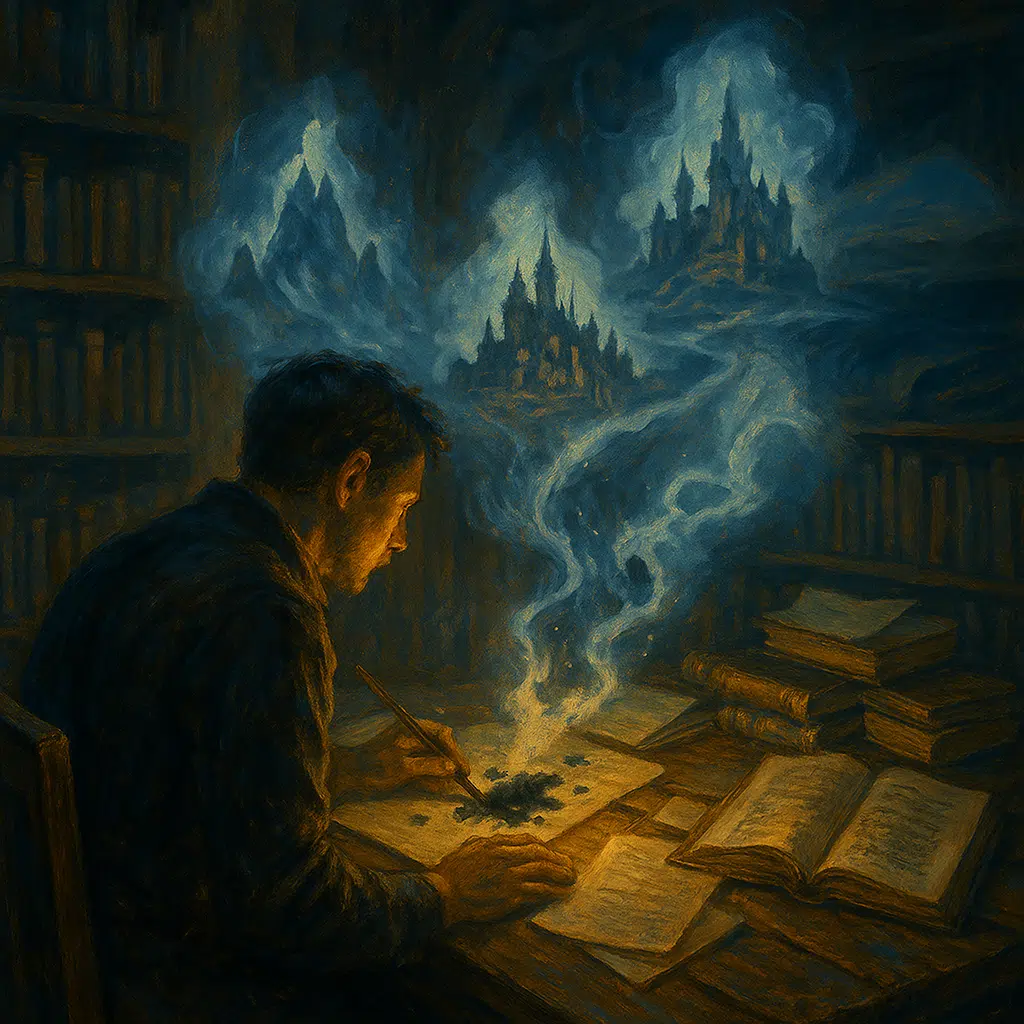 A writer seated at a wooden desk illuminated by a lantern, with glowing inkblots on the page giving rise to ghostly visions of mountains and fantasy cities floating in the air above.