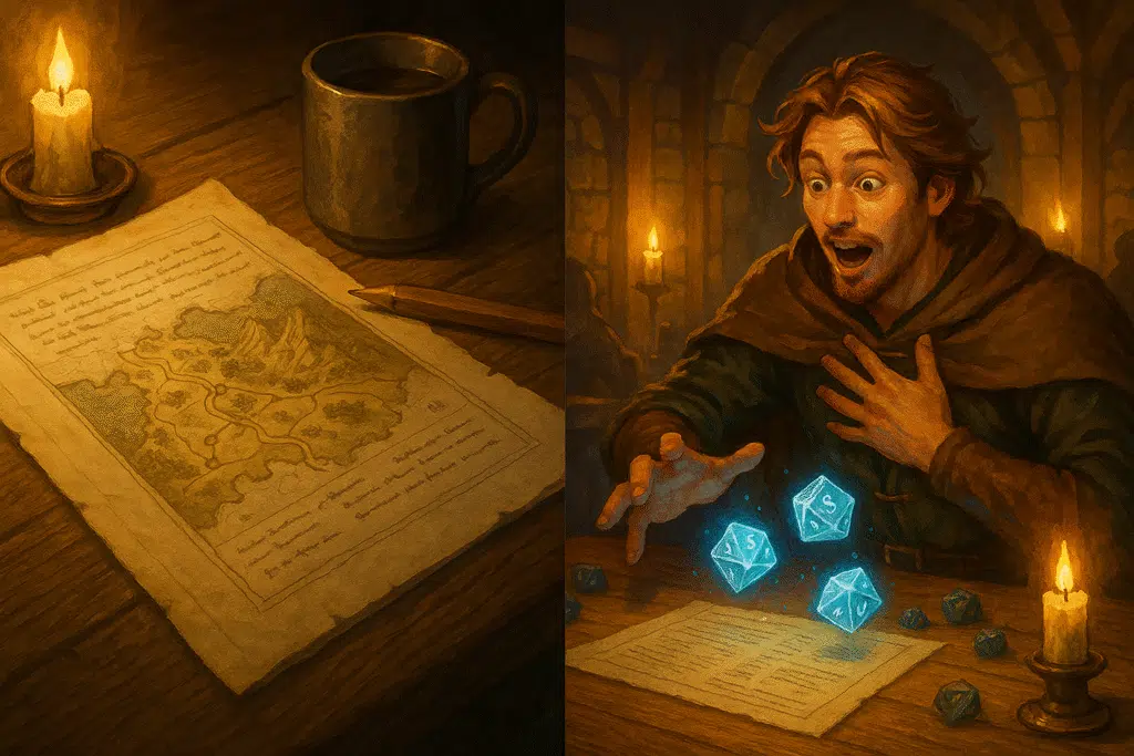 A split image showing a tabletop RPG setup with a parchment map and mug on one side, and a surprised player reacting to glowing blue dice on the other.
