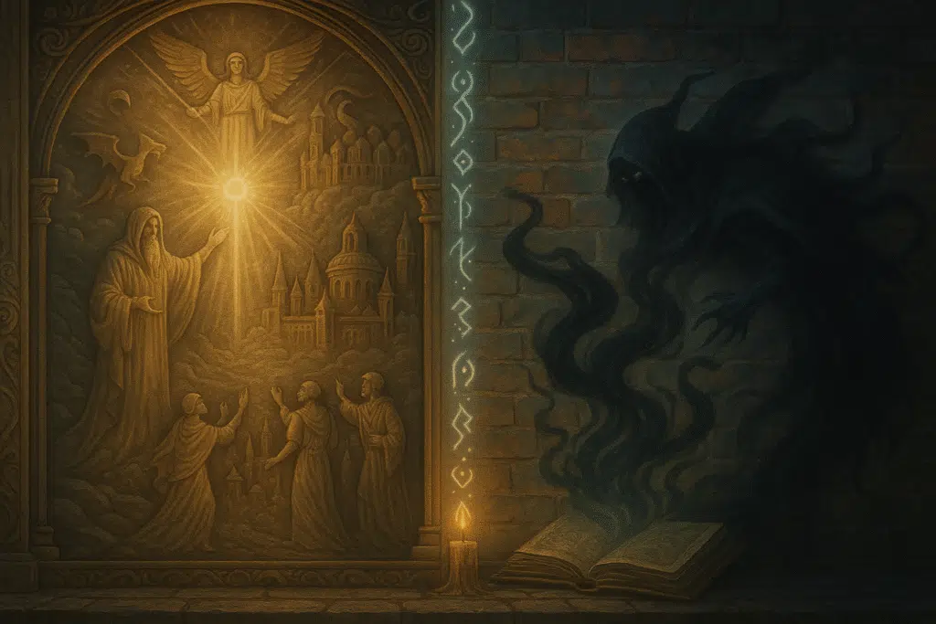 A mural split in two: on the left, a glowing stone relief shows a radiant wizard and divine beings guiding followers toward a luminous castle; on the right, a shadowy figure emerges from dark smoke rising out of a cursed book. A candle and vertical runes divide the two worlds.
