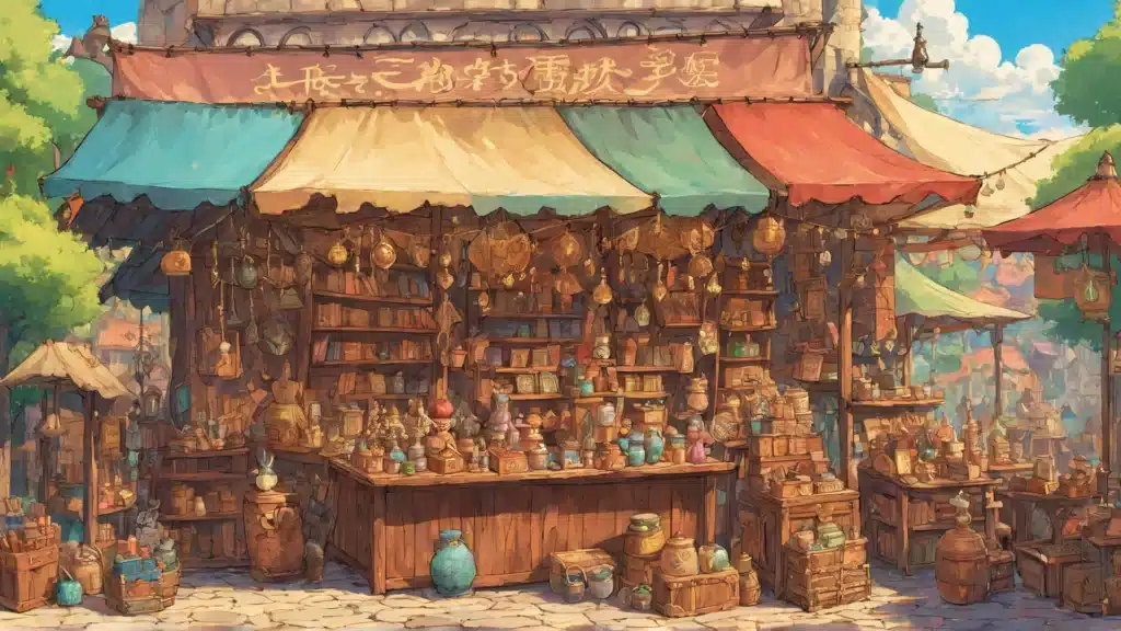 Fantasy market stall filled with colorful jars, books, and curiosities