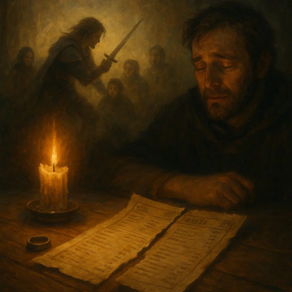 A tabletop scene with a torn character sheet, a silver ring, and a candle in the foreground, while a blurred image in the background shows a character’s heroic sacrifice and a misty-eyed GM looking on.