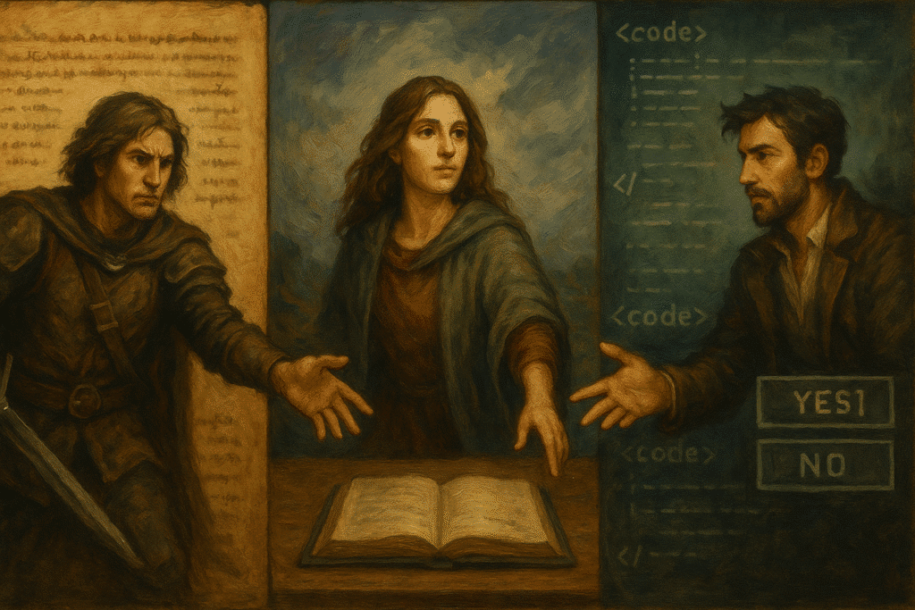 A triptych painting shows three characters from different mediums—a parchment warrior, a cinematic woman, and a code-based man—reaching toward each other.