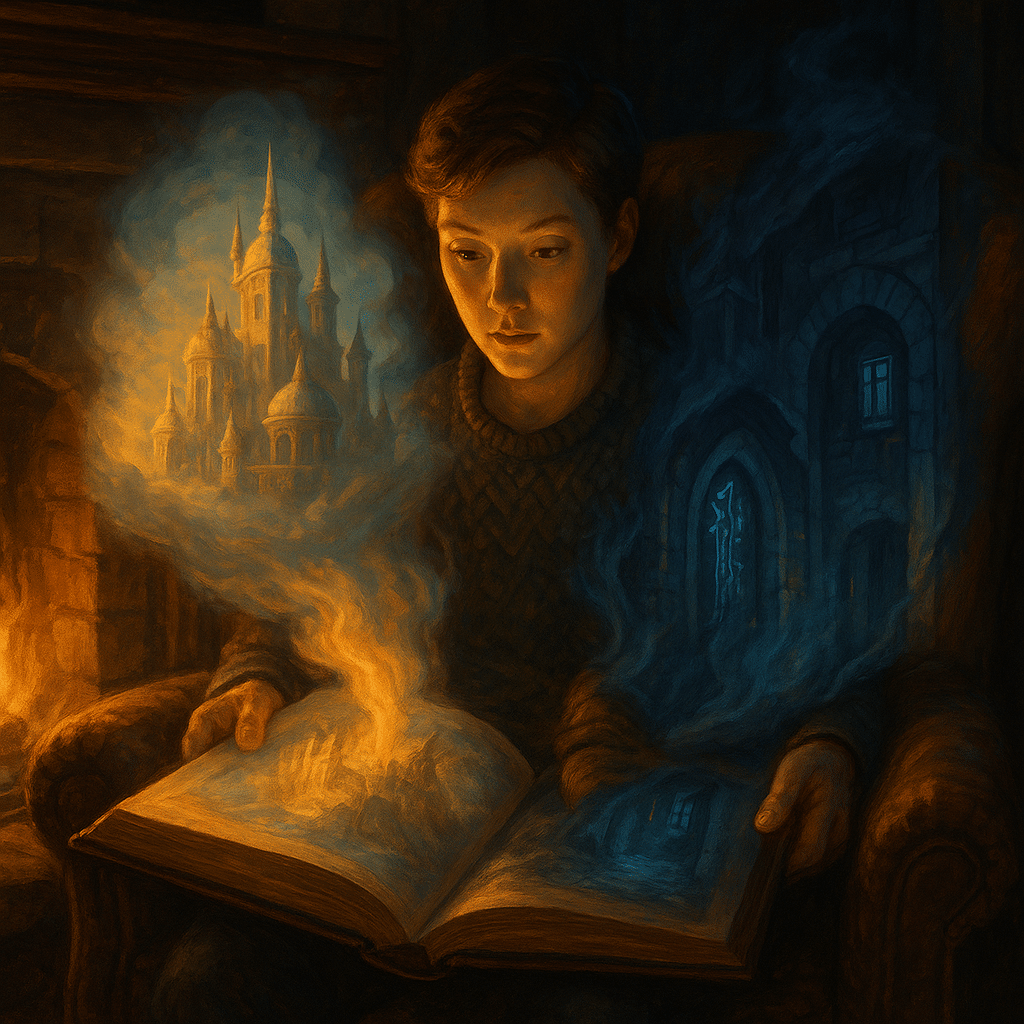 A young reader sits in a cozy armchair by a roaring fireplace. From the open book in their lap, a golden kingdom in the clouds and a rune-lit shadowed alleyway rise as illusions, lighting the reader’s face with a glow of wonder and mystery.