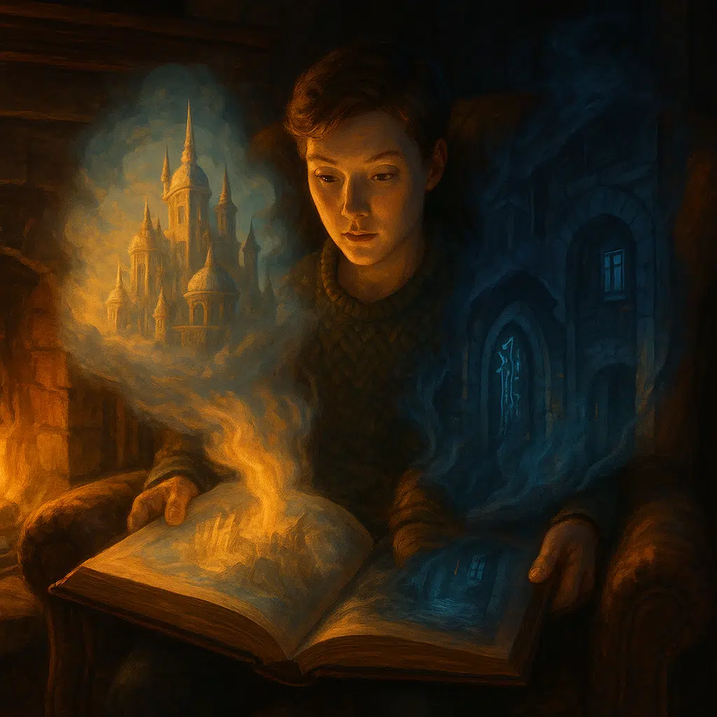 A young reader sits in a cozy armchair by a roaring fireplace. From the open book in their lap, a golden kingdom in the clouds and a rune-lit shadowed alleyway rise as illusions, lighting the reader’s face with a glow of wonder and mystery.