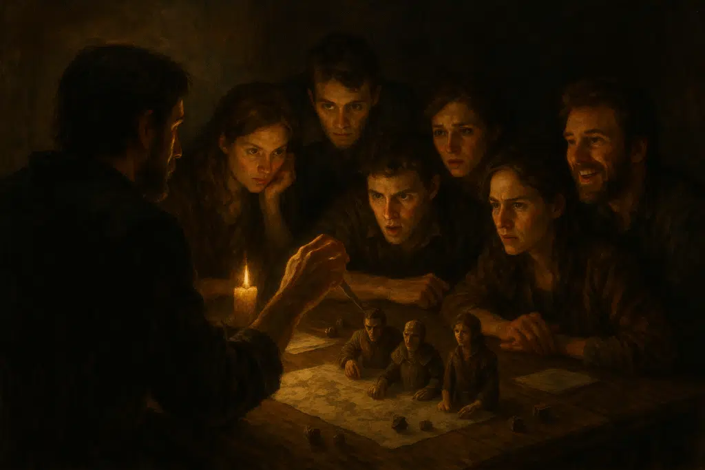 Six players gathered around a candlelit wooden table, each showing a different emotion—excitement, worry, curiosity, tension—as the Game Master quietly watches and guides the scene.