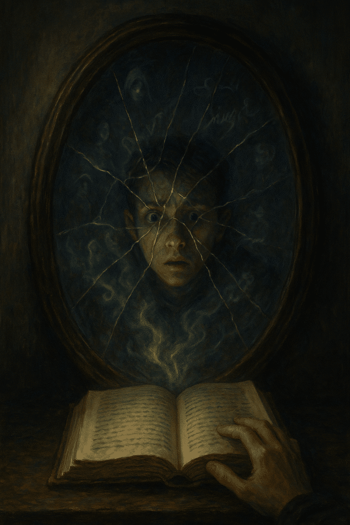 A shattered oval mirror reflecting a startled reader’s fragmented face, with an open book and ghostly shapes and phrases emerging from the cracks.