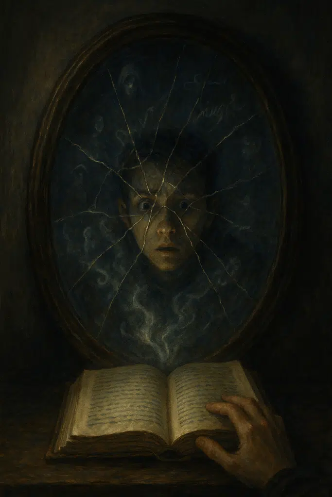 A shattered oval mirror reflecting a startled reader’s fragmented face, with an open book and ghostly shapes and phrases emerging from the cracks.