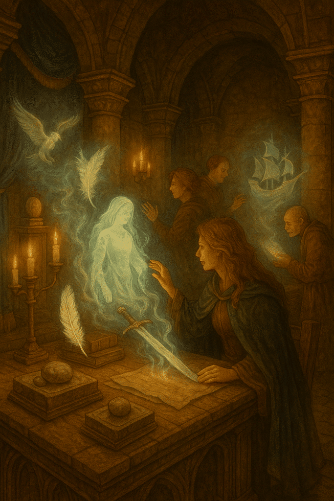 In a stone hall, visitors interact with glowing spirits emerging from relics like feathers and swords, as candlelight flickers and spectral scenes come alive.