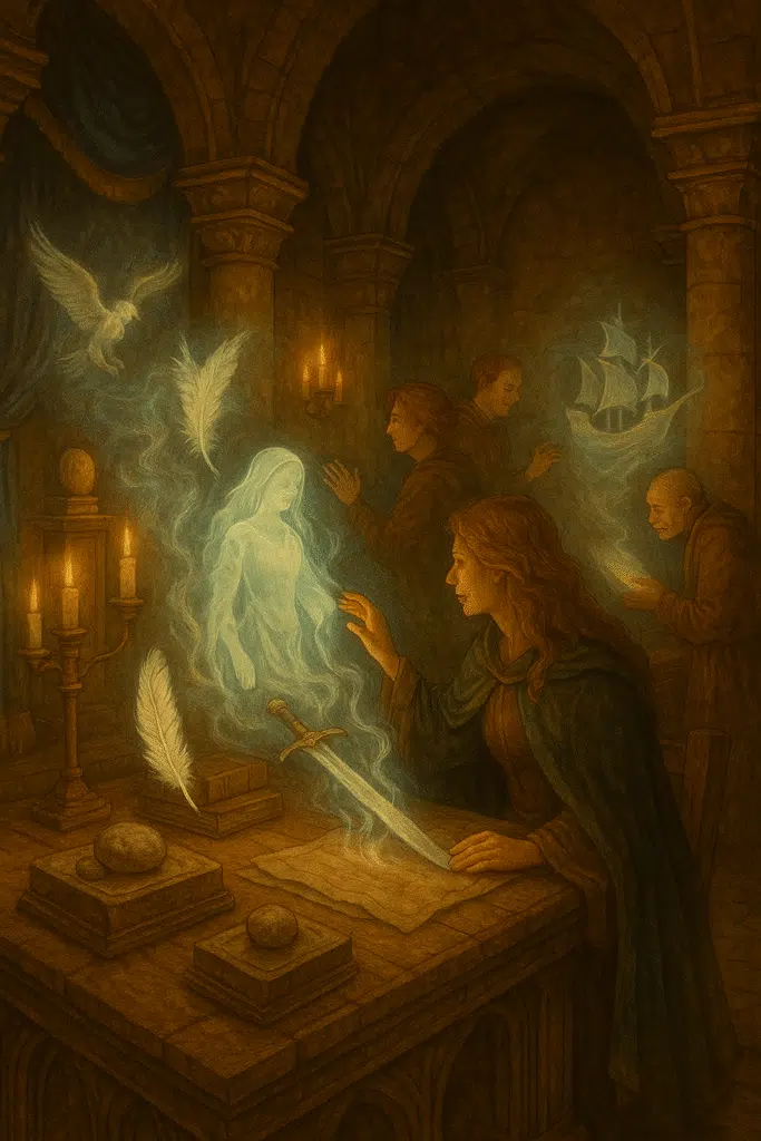 In a stone hall, visitors interact with glowing spirits emerging from relics like feathers and swords, as candlelight flickers and spectral scenes come alive.