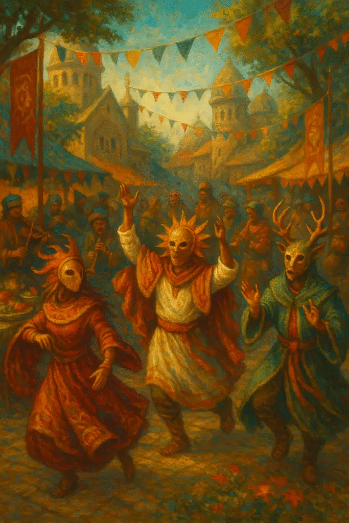 A vibrant festival scene with masked dancers in elaborate costumes, musicians playing unfamiliar instruments, and food stalls lining a festive square, all set against a backdrop of domed architecture and colorful pennants.