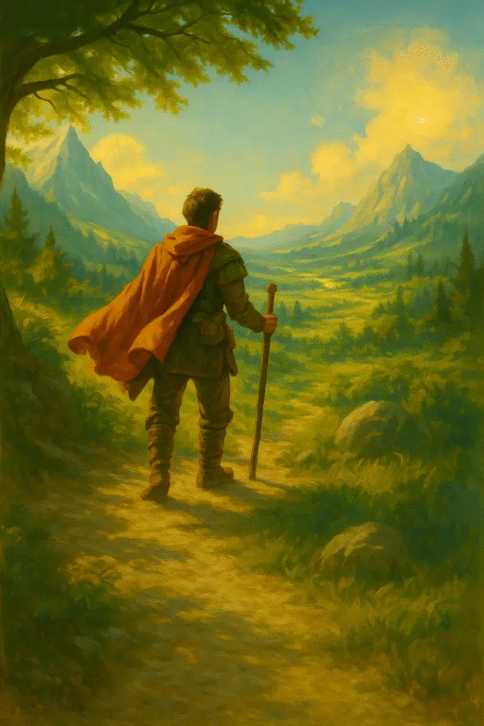 Adventurer in red cloak looking over a valley path with staff