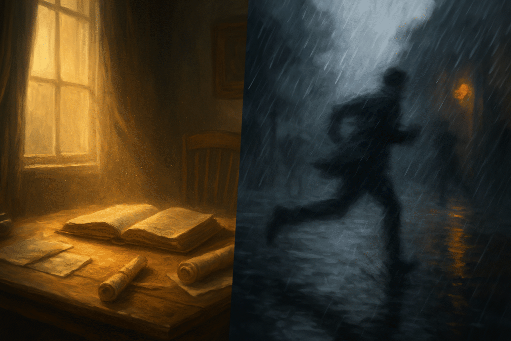 Split image showing a sunlit writing desk with floating dust on the left, and a blurred figure running through heavy rain on the right.