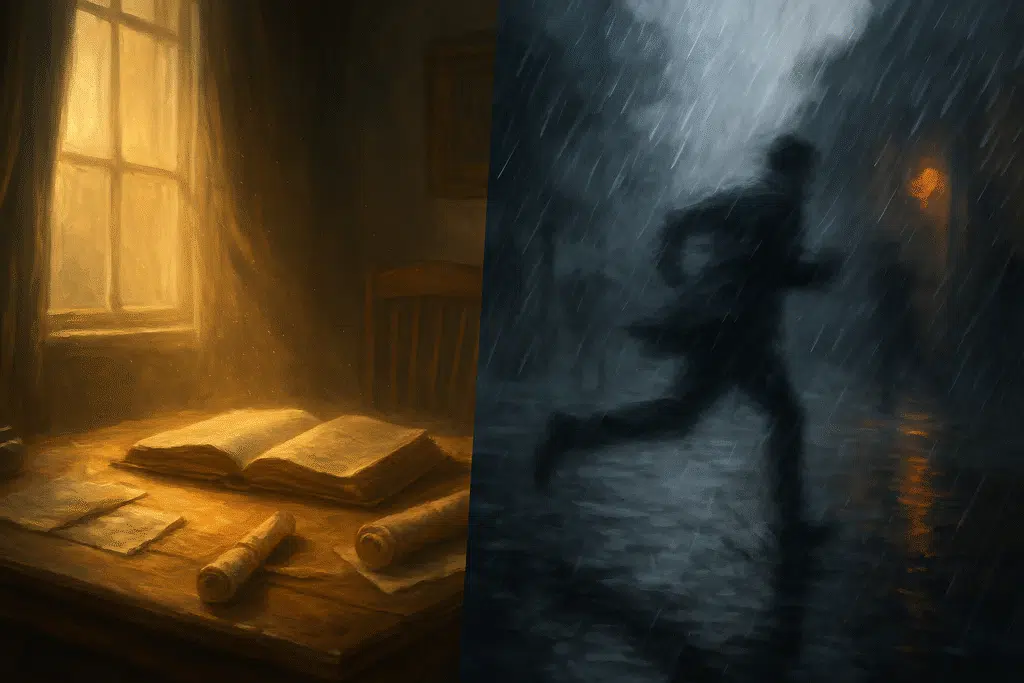 Split image showing a sunlit writing desk with floating dust on the left, and a blurred figure running through heavy rain on the right.