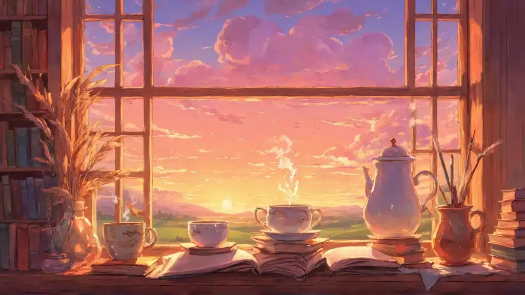 Sunrise through window with tea and books on a desk