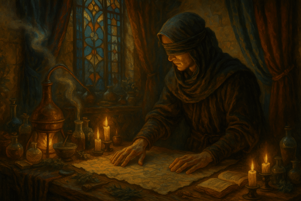 A blindfolded figure traces a textured map in a candlelit apothecary’s workshop filled with vials, herbs, and stained glass windows.