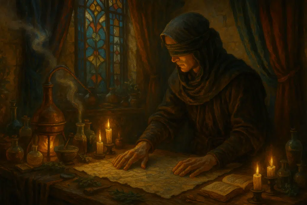 A blindfolded figure traces a textured map in a candlelit apothecary’s workshop filled with vials, herbs, and stained glass windows.