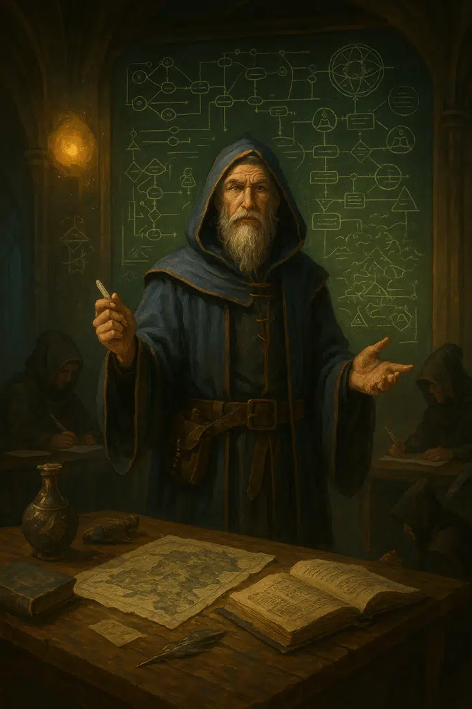 Hooded wizard teaching before a chalkboard of magical symbols